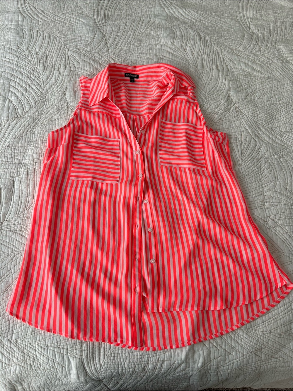 Express Neon Pink and White Striped Sleeveless Button-Down Top